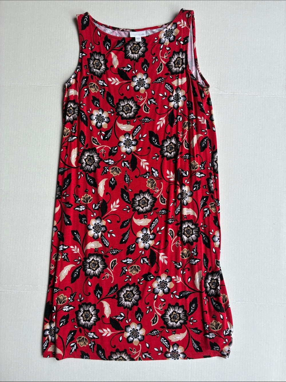 J. Jill Red Floral Tank Dress with Black & Cream Accents